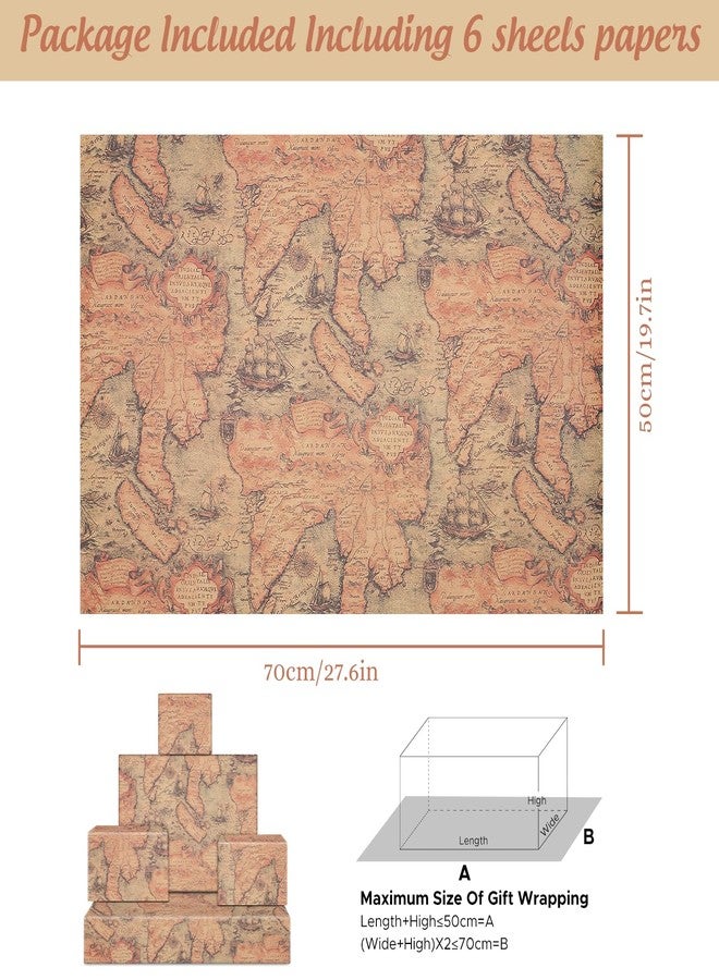 AirCool Vintage Retro Map Wrapping Paper, Antique Mysterious Ocean Sea Far East World Old Map Sailing Boat Nautical Kraft Wrap 6 Sheets Folded Flat 20x29 inches per Sheet for Traveller Libraries Birthday - Image 2